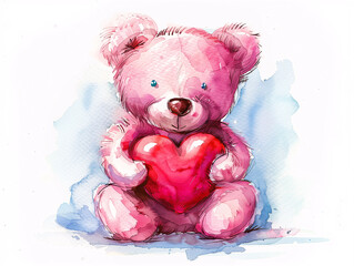 Watercolor Drawing of Cute Pink Toy Teddy Bear with Red Heart Colorful Illustration isolated on...