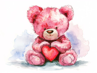 Watercolor Drawing of Cute Pink Toy Teddy Bear with Red Heart Colorful Illustration isolated on...