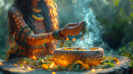 Mystic ritual with burning incense and glowing lights - obrazy, fototapety, plakaty