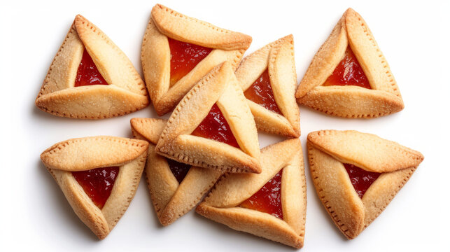 group of hamantaschen cookies filled with red fruit jam, neatly arranged on a white background. These traditional triangular pastries have a golden-brown crust and are commonly enjoyed during Jewish c