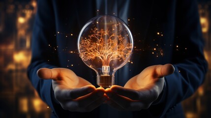 Businessman holding light bulb and brain inside - obrazy, fototapety, plakaty