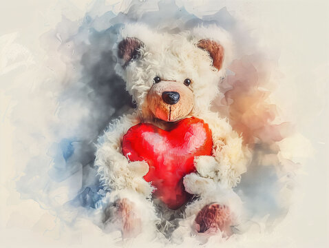 Watercolor Drawing of Cute Toy Teddy Bear with Red Heart Colorful Illustration isolated on white background HD Print 4928x3712 pixels Neo Art V4 9