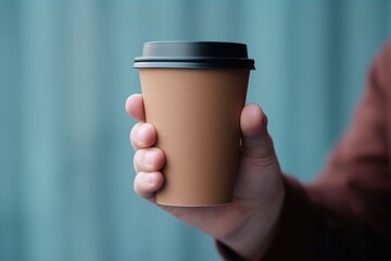 Hand holding an eco-friendly brown paper cup, sustainability concept. Reusable Coffee Cup