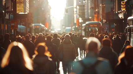Crowded Urban Street Scene at Sunset
. A bustling street filled with a crowd of commuters bathed in the warm glow of the setting sun in a busy metropolitan area.
 - obrazy, fototapety, plakaty