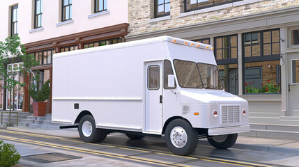 Fototapeta premium white truck food in front of a building, white food truck parked on the street with a sign