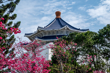 Close-up of the Chiang Kai Shek Memorial in Taipei with pink plum blossoms