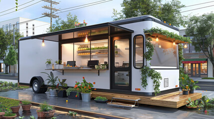 white food  truck  on the road,
a white mobile food trailer parked in a street,