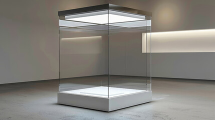 empty room with glass square display case for an art exhibition with wooden parquet floor