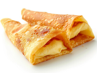 Close-up of two crispy, folded crepes filled with a creamy filling, displayed on a white background. The golden-brown crepes have a light, airy texture with visible bubbles