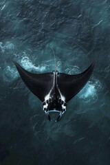 A top down view of a manta ray swimming in the sea - obrazy, fototapety, plakaty