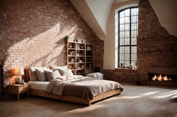 Bedroom designed with brick walls, large window, and cozy fireplace 