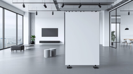 empty mockup white roll up screen banner in office, empty white banner design
