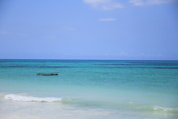 Fototapeta na wymiar a rowing boat at the sand beach of Zanzibar