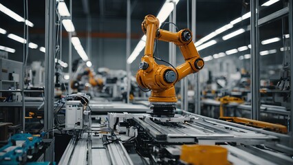 Industrial robot arm assembling a high-tech gadget