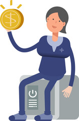 Doctor Character Sitting on Safe and Holding Dollar Coin
