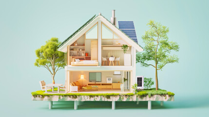 sustainable modern house building with solar panels and heat pump illustration - 749901399