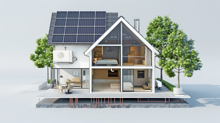 sustainable modern house building with solar panels and heat pump illustration - obrazy, fototapety, plakaty