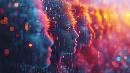 Futuristic digital faces in neon data glow. Generative AI