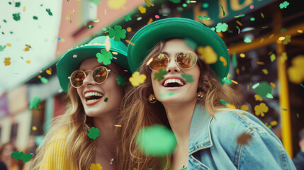 Festive St. Patrick's celebration captured with joyful women in leprechaun hats and confetti