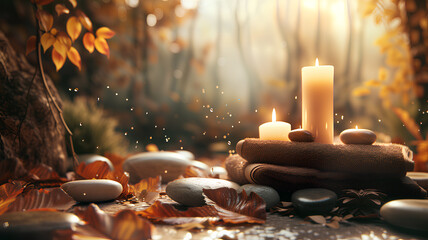 Autumn Spa Ambience with Candles and Towels
. A serene autumnal spa setting with fluffy towels, warm candles, and scattered leaves, offers a tranquil retreat atmosphere.
 - obrazy, fototapety, plakaty