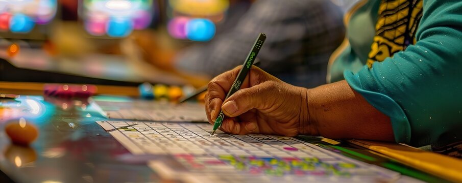 The serene focus of a keno lounge players marking numbers with hopes of hitting the pattern that brings victory