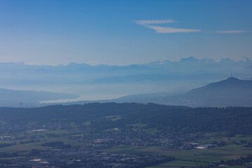 high angle view of the Uetliberg, lake of Zurich and the swiss alps in the background