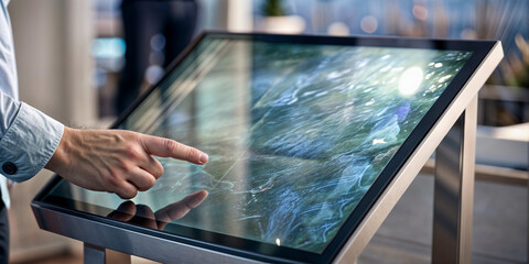 finger presses touch screen tablet laptop technology - obrazy, fototapety, plakaty
