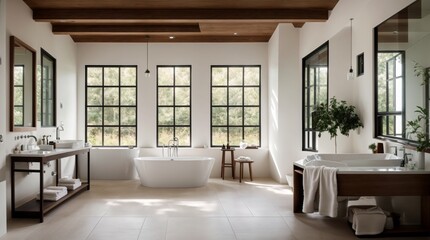 Broad upscale bathroom boasting a freestanding tub and picturesque nature vista through expansive windows 