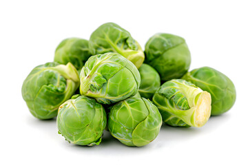 Fototapeta premium Small heap of brussels sprouts on white background. Neural network generated image. Not based on any actual scene or pattern.