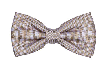 Top view close up of light browb beige bow tie, isolated cutout on a transparent background.