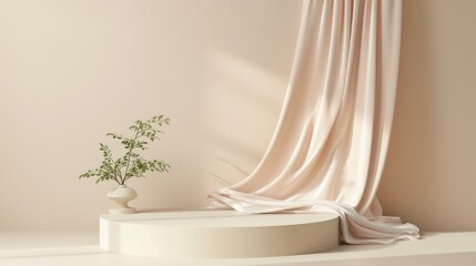 Beige silk fabric elegantly drapes over a cylindrical concrete pedestal