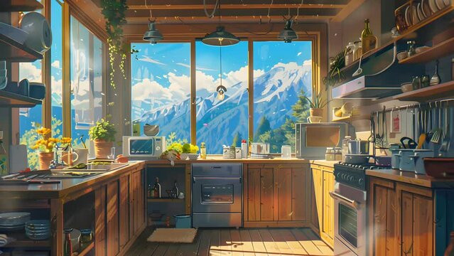 Cozy kitchen with stunning mountain scenery. Seamless Looping 4k Video Animation