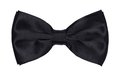Top view close up of black bow tie, isolated cutout on a transparent background.