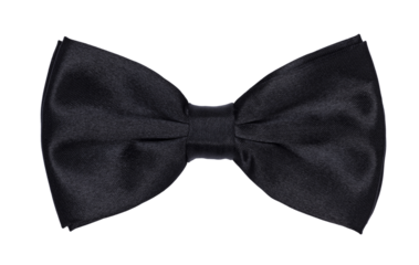 Top view close up of black bow tie, isolated cutout on a transparent background.
