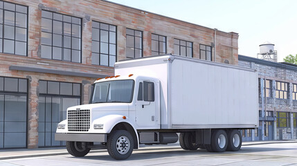 white truck food  in front of a building,
white food truck parked on the street with a sign