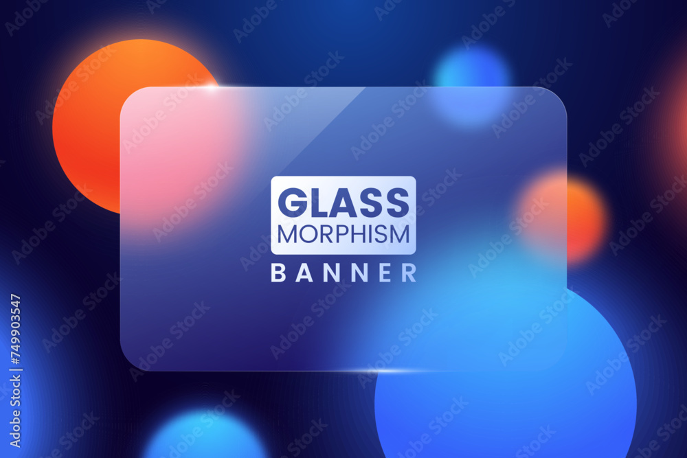 Aufkleber Realistic glassmorphism background. Vertical rectangular banner with glass overlay effect on abstract background with bright gradient bubbles. Vector illustration.