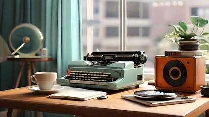  Inspire creativity! Retro workspace with record player, typewriter, and sleek laptop. Ideal for artists, designers, and modern professionals.