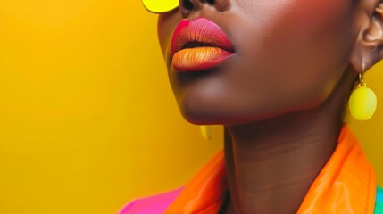 Black women wearing flashy neon makeup will shine with bright lipstick and trendy makeup. At the same time maintaining the style of dress and the bright background. It's like shooting an advertisement - obrazy, fototapety, plakaty