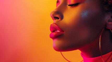 Black women wearing flashy neon makeup will shine with bright lipstick and trendy makeup. At the same time maintaining the style of dress and the bright background. It's like shooting an advertisement - obrazy, fototapety, plakaty