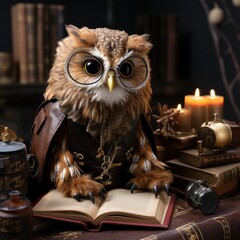 Craft a pensive owl with glasses and a book on a white backdrop