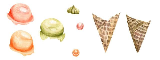 Ice cream watercolor set with waffle cones, colorful ice cream balls : green pistachio, orange and pink strawberry balls,candies and sweet for top decoration. Elements for summer, beach, product