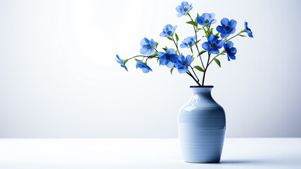 Modern allure white backdrop, minimalist image, dark blue vase, vibrant blue flowers.