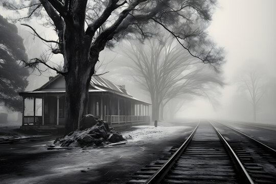 Vintage Railway Station Under Snowfall in Monochrome: A Tale of Time Frozen