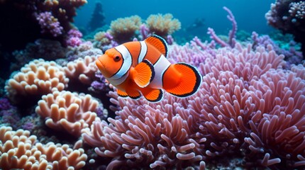 Obraz premium Clownfish in a vibrant underwater scene with colorful sea anemone tentacles 