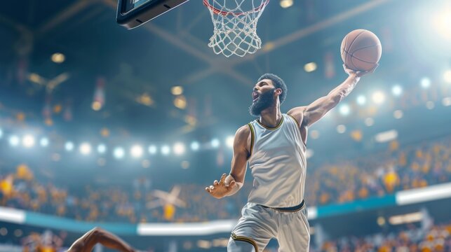 Close up of basketball player mid air dunk, showcasing impressive athleticism and power.
