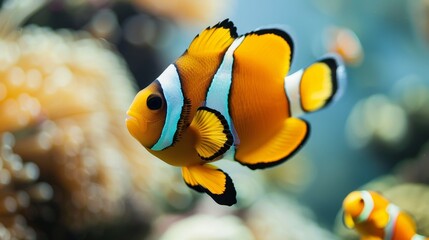 Fototapeta premium Colorful fish and vibrant corals in saltwater aquarium create a lively aquatic scene.