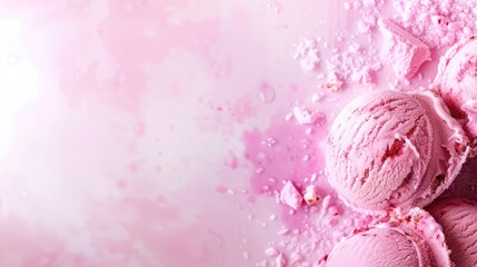Strawberry Ice Cream Scoops Melting on Pastel Pink Background.