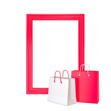 Red frame with bags for sales isolated. Offer promotion concept mockup. 3d rendering