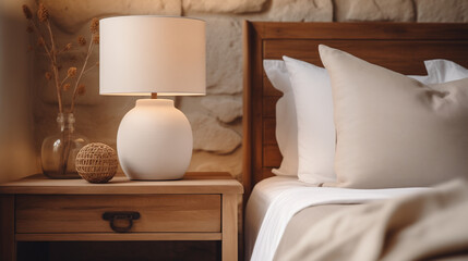 Close-up of a Cozy Bedroom Corner with Warm Lighting and Wooden Nightstand
