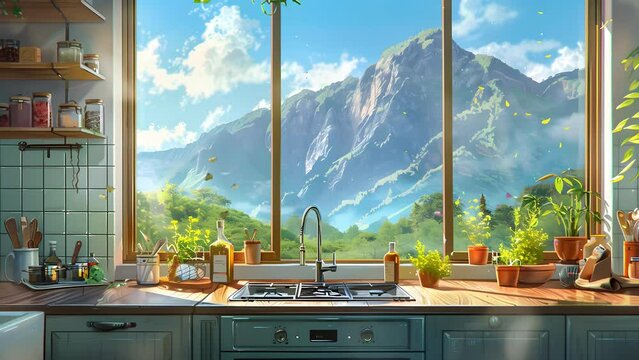 kitchen room with mountain views . Seamless Looping 4k Video Animation